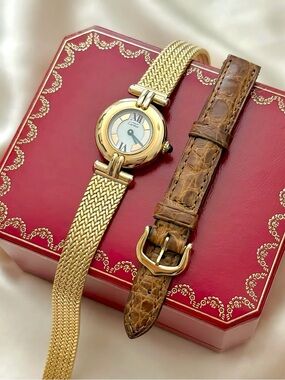 AUTHENTIC RARE VINTAGE CARTIER GOLD WATCH - WITH BOX & EXTRA LEATHER STRAP